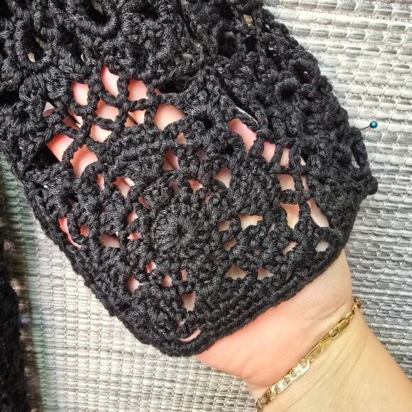 Chicos Crochet Knit Cardigan Sweater Women Large Black Bohemian Neutral Coquette - Picture 5 of 10